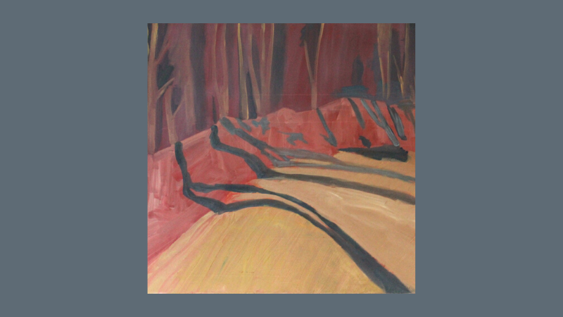 Painting of a red and pink forest