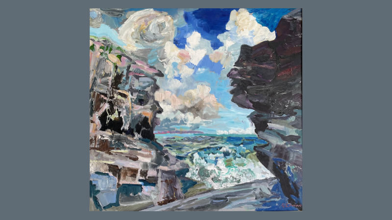 Artwork of cliffs and sea.