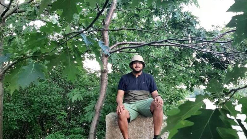 Man sitting on rocks in a forest