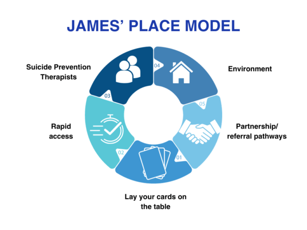 Model showing James' Place treatment model: suicide prevention therapists, environment, partnership/referral pathways, lay your cards on the table, rapid access