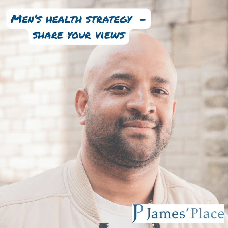 Text Men's health strategy share your views and picture of man